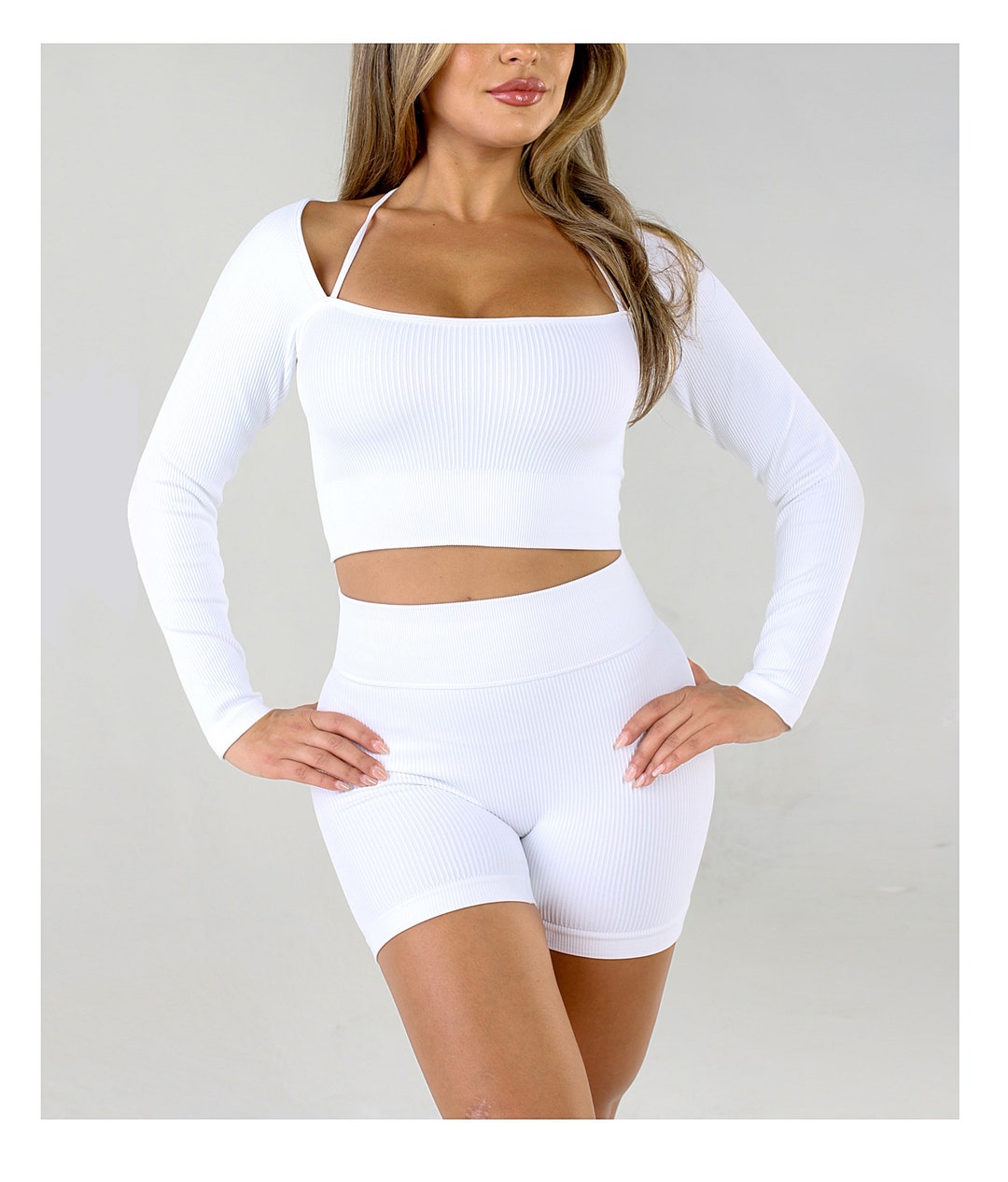 Womens Workout Long Sleeve Crop Top Shorts Leggings White Athletic