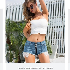 Hot Sexy Jeans Shorts Women Front Back Zipper Jeans High Waist Shorts Night Club Womens Sexy Shorts Lace Patch image 1