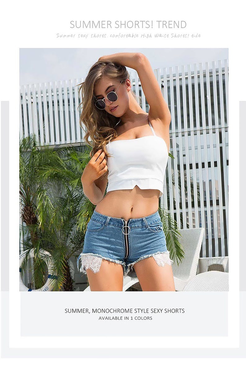 Hot Sexy Jeans Shorts Women Front Back Zipper Jeans High Waist Shorts Night Club Womens Sexy Shorts Lace Patch image 1