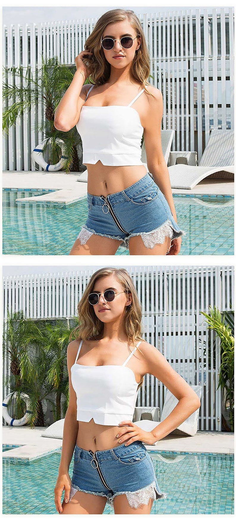 Hot Sexy Jeans Shorts Women Front Back Zipper Jeans High Waist Shorts Night Club Womens Sexy Shorts Lace Patch image 3