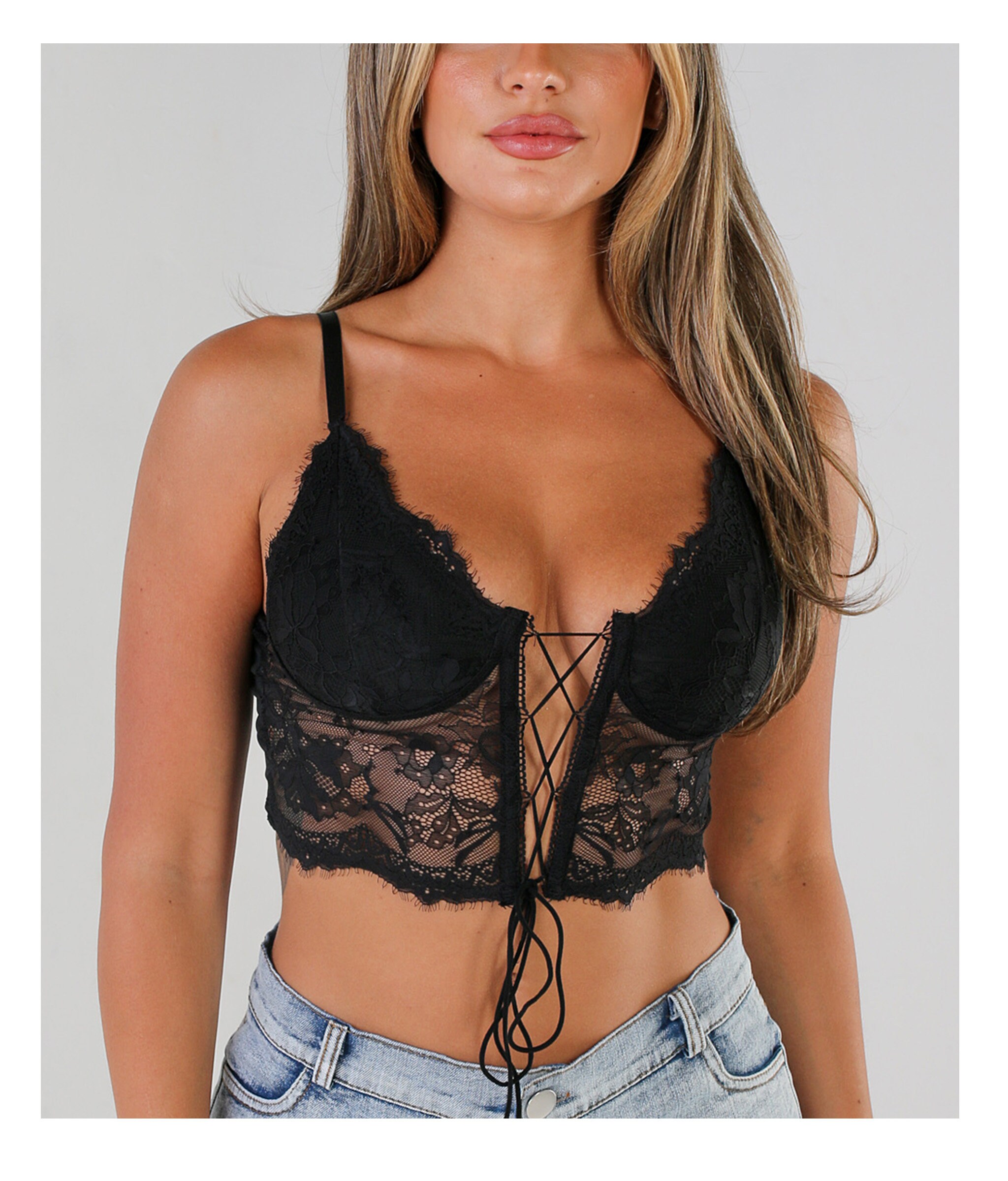 Elegant Moments Lace up front leather bra with underwire cups, adjustable  straps and hook and eye back closure 