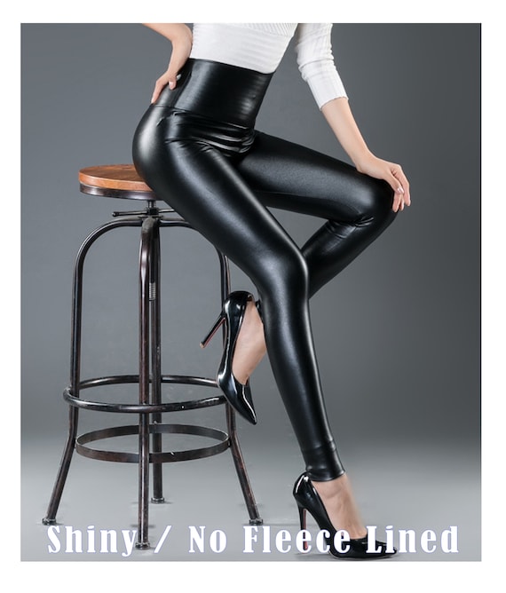 Women Black PU Leather Pants Faux Leather Leggings High Waisted Tights 