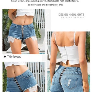 Hot Sexy Jeans Shorts Women Front Back Zipper Jeans High Waist Shorts Night Club Womens Sexy Shorts Lace Patch image 2