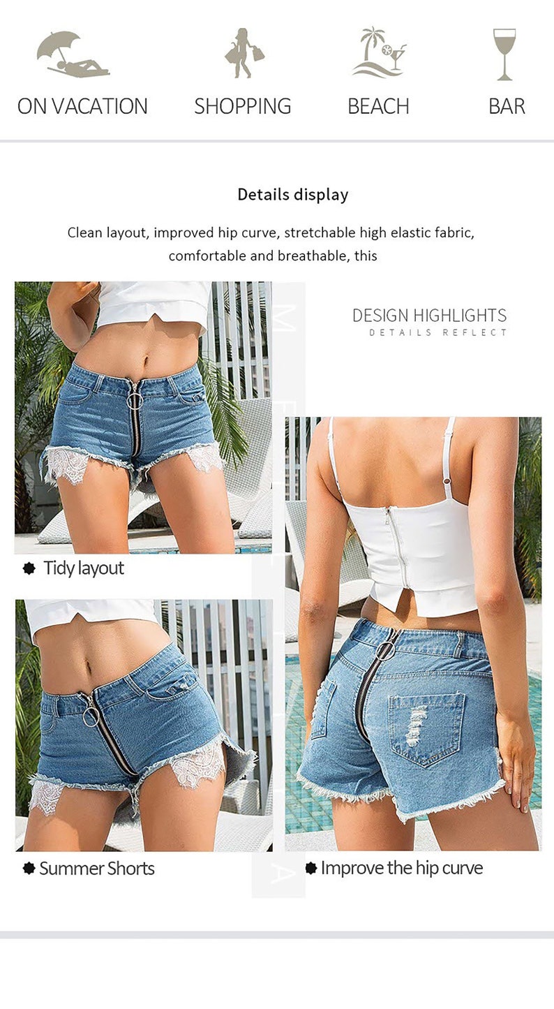 Hot Sexy Jeans Shorts Women Front Back Zipper Jeans High Waist Shorts Night Club Womens Sexy Shorts Lace Patch image 2