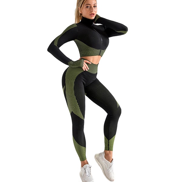 Sports Long Sleeve Top & Leggings Set Yoga Set Gym Clothes Exercise Set Running Leggings Fitness Clothing