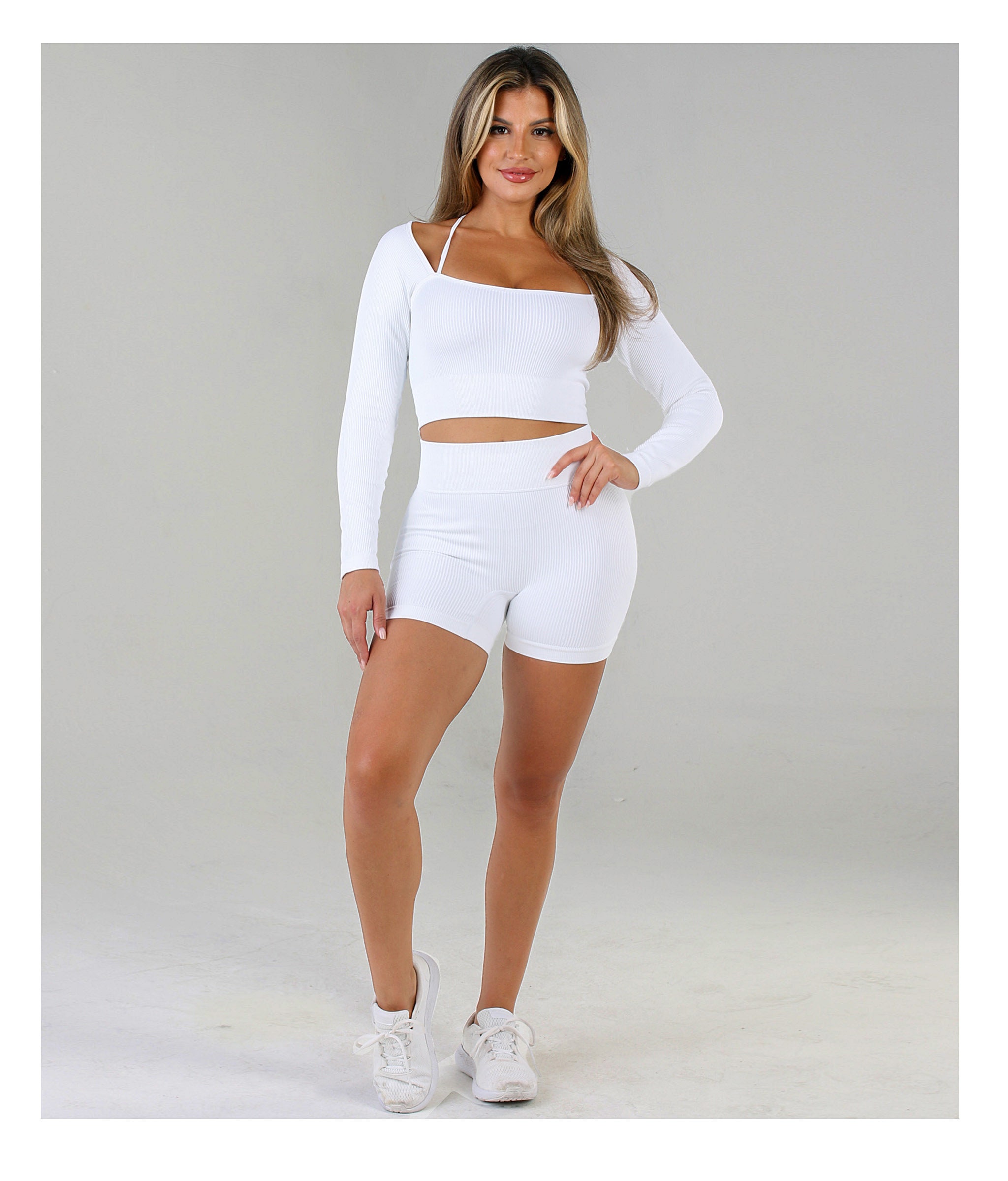 Womens Workout Long Sleeve Crop Top Shorts Leggings White Athletic