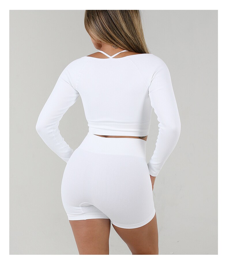 Womens Workout Long Sleeve Crop Top Shorts Leggings White Athletic