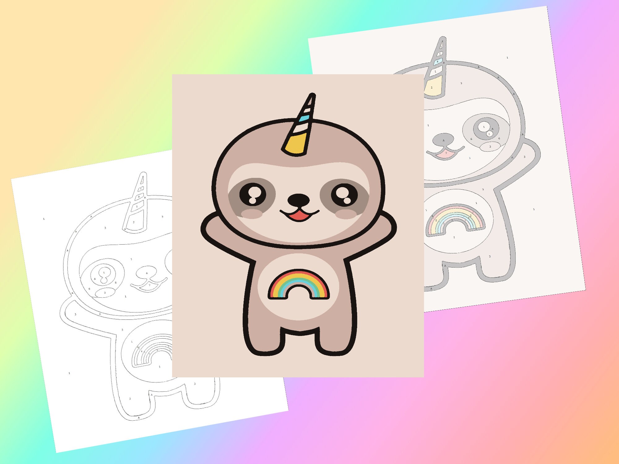 Coloring page rainbow sloth unicorn by numberPainting By The | Etsy