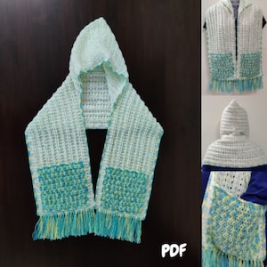 May include: A white crochet hooded scarf with blue and yellow accents. The scarf has two pockets on the front and a fringe trim.