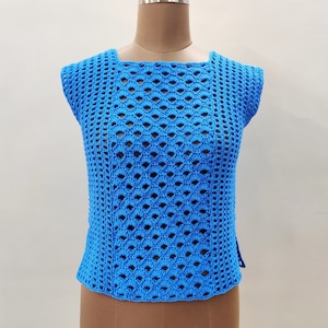 Patroon gehaakte top, gehaakt kanten T-shirt, kanten zomertop voor vrouwen, patroon damesblouse, blauwe schelpen top, maten XS-5XL