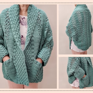 Easy Crochet Cardigan Pattern, Cardigan with pockets made from 2 rectangles, Womens Lacy Shrug, I Love Texture Cardigan digital download PDF