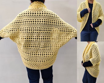 Easy Crochet Cocoon Shrug Pattern for Women - Beginner Lacy Shrug - Cocoon Cardigan - Yellow Diamonds Cocoon Shrug Digital Download PDF