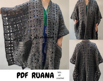 Crochet Ruana Pattern, Crochet Poncho Wrap for Women, Blanket Shawl or kimono with pockets, Oversized Winter Cardigan PDF digital download