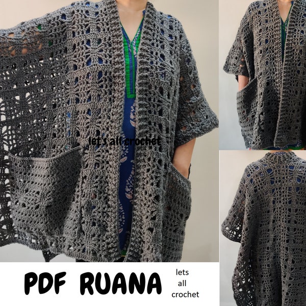 Crochet Ruana Pattern, Crochet Poncho Wrap for Women, Blanket Shawl or kimono with pockets, Oversized Winter Cardigan PDF digital download