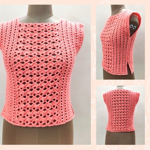 Crochet easy top pattern with cotton yarn. Easy quick crochet tee pattern. Crochet lacy vest. Crochet top for women all sizes. beginner crochet. Womens lacy blouse fits well chic trendy design. Peach yarn soft