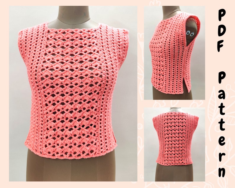 Crochet easy top pattern with cotton yarn. Easy quick crochet tee pattern. Crochet lacy vest. Crochet top for women all sizes. beginner crochet. Womens lacy blouse fits well chic trendy design. Peach yarn soft
