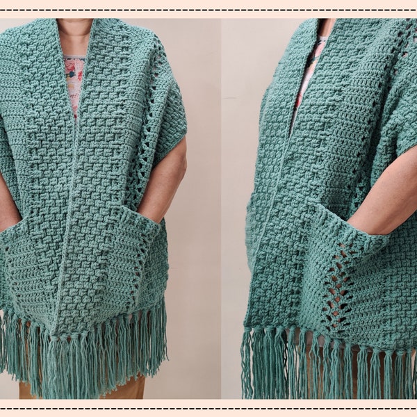 Modèle de châle de poche au crochet facile, enveloppe ou écharpe Boho pour femmes avec poches et franges, châle de texture au crochet I Love TÉLÉCHARGER LE PDF NUMÉRIQUE