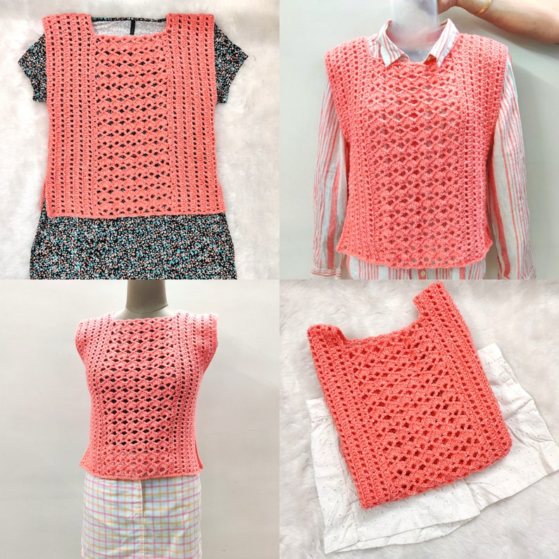 Crochet easy top pattern with cotton yarn. Easy quick crochet tee pattern. Crochet lacy vest. Crochet top for women all sizes. beginner crochet. Womens lacy blouse fits well chic trendy design. Peach yarn soft