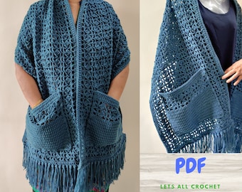 Easy Crochet Pocket Shawl Pattern for Beginner, Womens Wrap or Scarf with Pockets, Fringes give Boho Shawl look, DIGITAL DOWNLOAD PDF