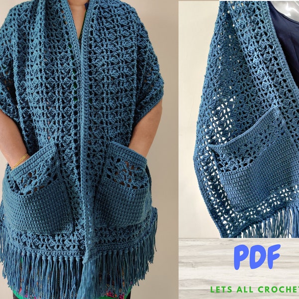 Easy Crochet Pocket Shawl Pattern for Beginner, Womens Wrap or Scarf with Pockets, Fringes give Boho Shawl look, DIGITAL DOWNLOAD PDF