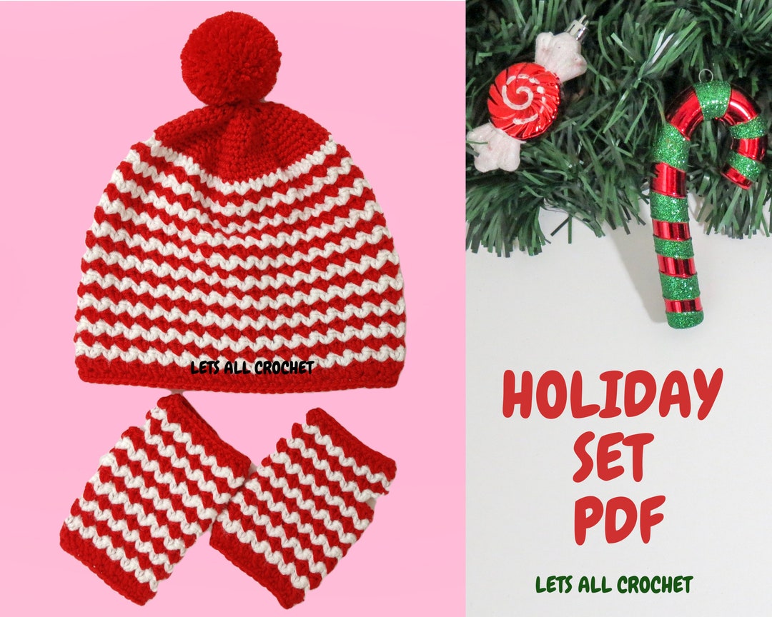 Crochet Holiday Candy Cane Hat Set With Gloves Beanie Etsy