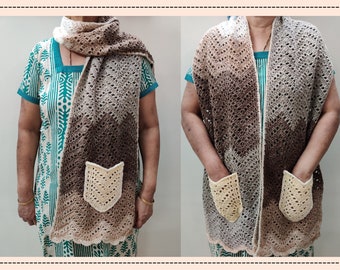 Easy Crochet Pocket Shawl Pattern for Beginner- Womens Scarf with Pockets- Boho Crochet Womens Pattern- ZIY SCARF digital download PDF