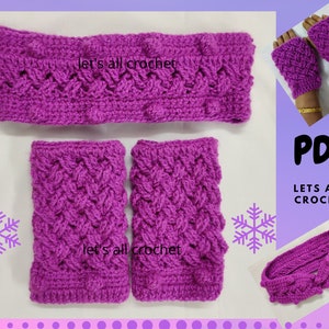 Crochet Celtic Weave Headband and Wrist Warmer set, Ear Warmers and Fingerless Gloves for women, winter accessories PDF digital download