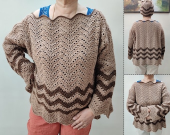 Crochet Sweater Pattern for Women, Crochet Wavy Pullover, Easy crochet sweater, Oversized Off Shoulder Coffee Ripple Sweater, download PDF