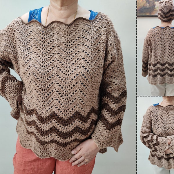 Crochet Sweater Pattern for Women, Crochet Wavy Pullover, Easy crochet sweater, Oversized Off Shoulder Coffee Ripple Sweater, download PDF