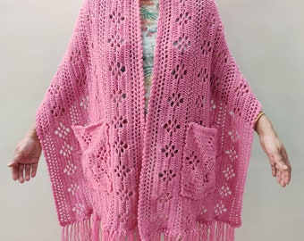 Easy Crochet Pocket Shawl Pattern, Pocket Scarf, Womens Boho Shawl, Wrap  with pockets and Fringes, Flowertastic Shawl INSTANT DOWNLOAD PDF