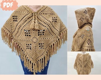 Crochet Poncho Pattern for Women from 4 Squares, Easy Crochet Womens Boho Wrap with Hood and Fringes, Flowertastic Poncho Downloadable PDF
