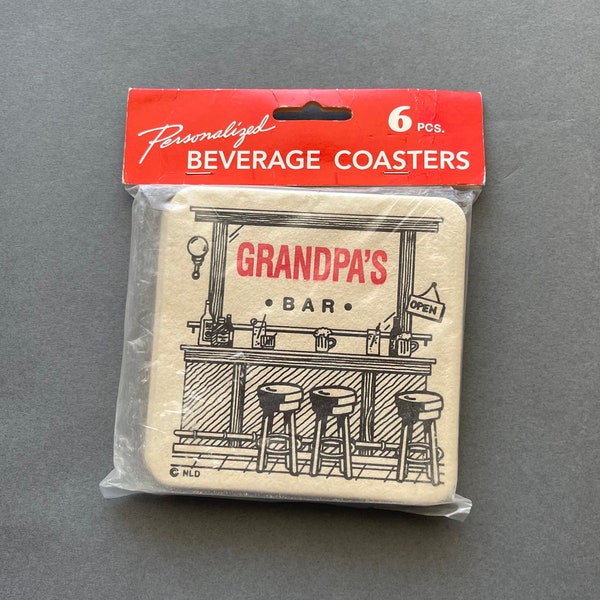 Vintage Paperboard Beverage Coasters "Grandpa's Bar" 4" Square Coasters - Pack of 6