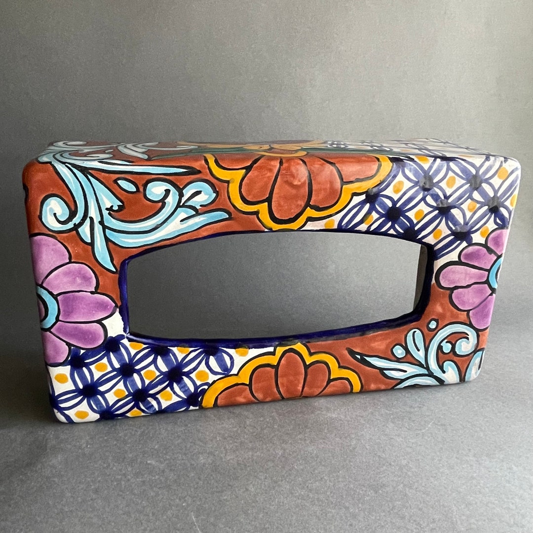 Vintage Ceramic Tissue Box Cover Talavera Style Mexican Pottery