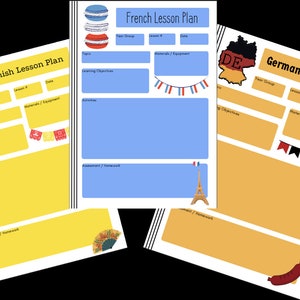 May include: Three printable lesson plan templates for Spanish, French, and German. Each template has a yellow background with a colourful illustration representing the language. The Spanish template has a woman in a red flamenco dress, the French template has a stack of macarons, and the German template has a map of Germany.