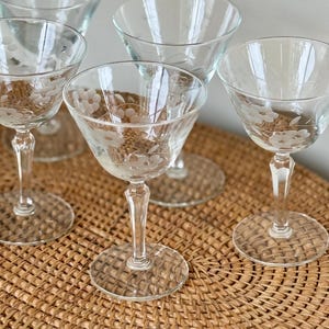 Vintage Libbey Priscilla Champagne Glasses (Set of 5) | Cut Floral and Leaf Cocktail Stemware