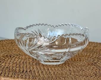 Vintage American Brilliant Cut Glass Bowl | Pinwheel and Star Burst Pattern Crystal Fruit Dish | Scalloped Sawtooth Edge Centerpiece