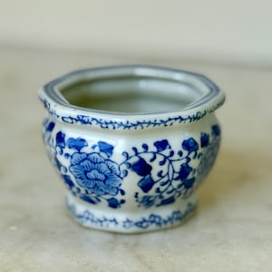 Puede incluir: Una pequeña maceta de cerámica blanca con un diseño floral azul. La maceta tiene forma hexagonal con un borde ligeramente ensanchado. El patrón floral azul incluye flores grandes y detalles de hojas más pequeñas. El borde está adornado con una delicada línea azul.