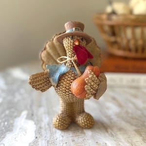 Thanksgiving Turkey Figurine Holding Pumpkin | Vintage Holiday Turkey