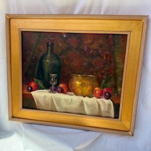 Original Oil Painting Still Life | Artist Signed &quot;M. Haugner&quot; Gold Frame | Richly Colored Jewel Toned Tablescape with Fruit Still Life