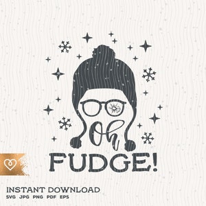 May include: A black and white illustration of a person wearing a winter hat and glasses with the text "Oh Fudge!" underneath. The background is a white and gray pattern.