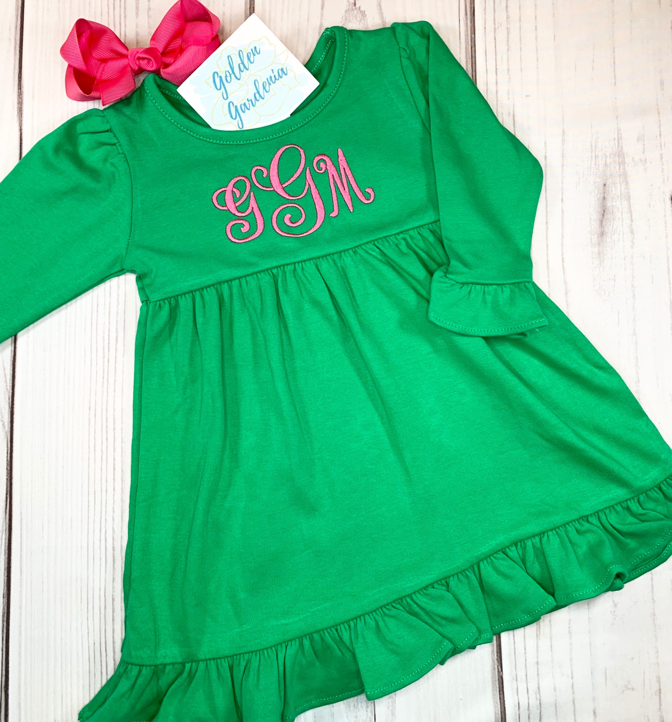 Kelly Green Monogrammed Ruffle Dress | Girls Personalized Cotton Dress