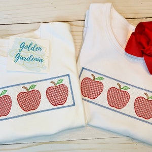 Back to School faux smocked shirt | Kids faux smocked shirt | Faux smocked apples embroidery t-shirt | Girls faux smock | Boys faux smock