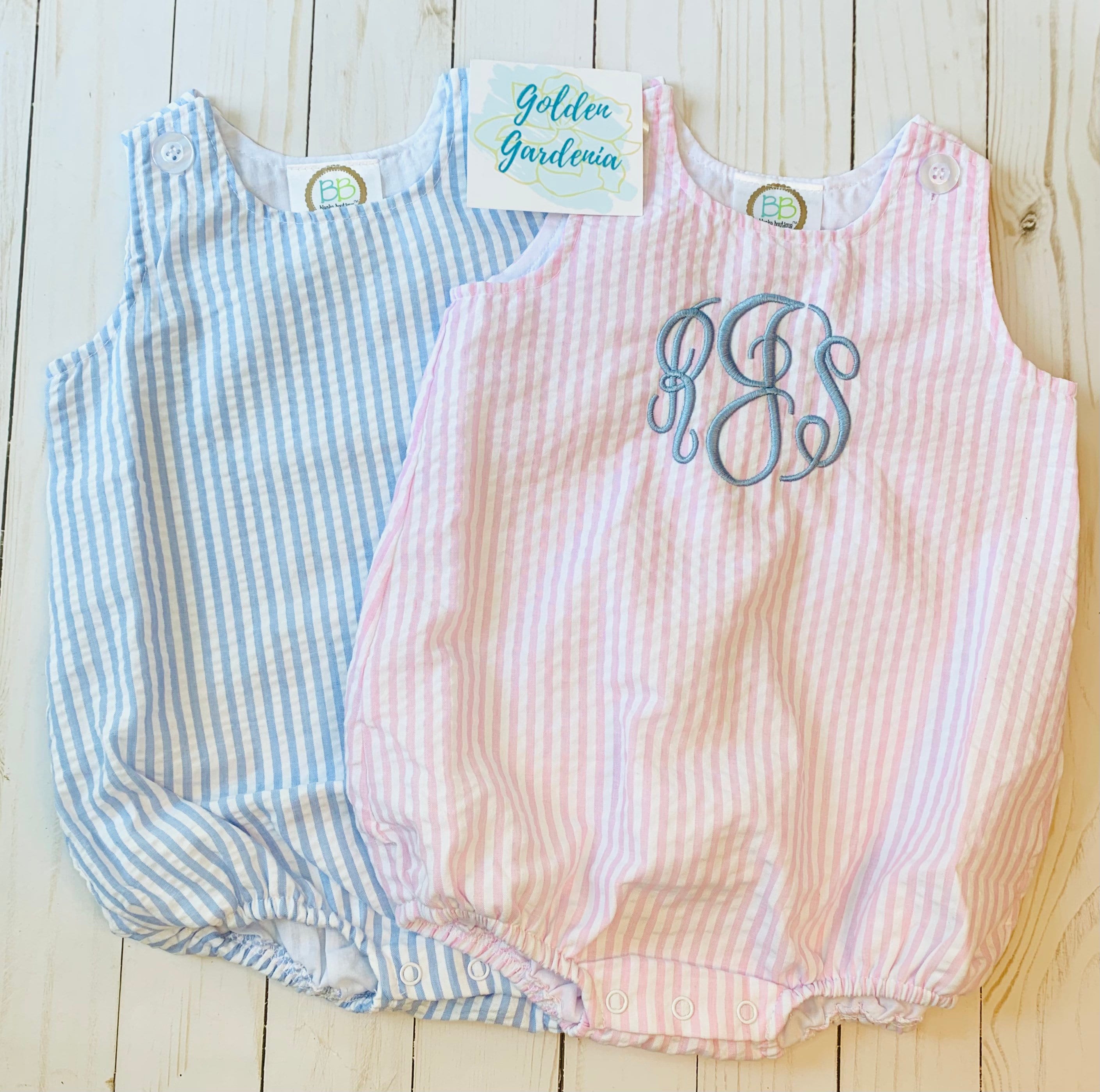 Personalized Seersucker Baby Bubble Embroidered Sunsuit