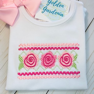 Girls faux smocked shirt or bodysuit. Faux smocked three roses embroidery design t-shirt or bodysuit