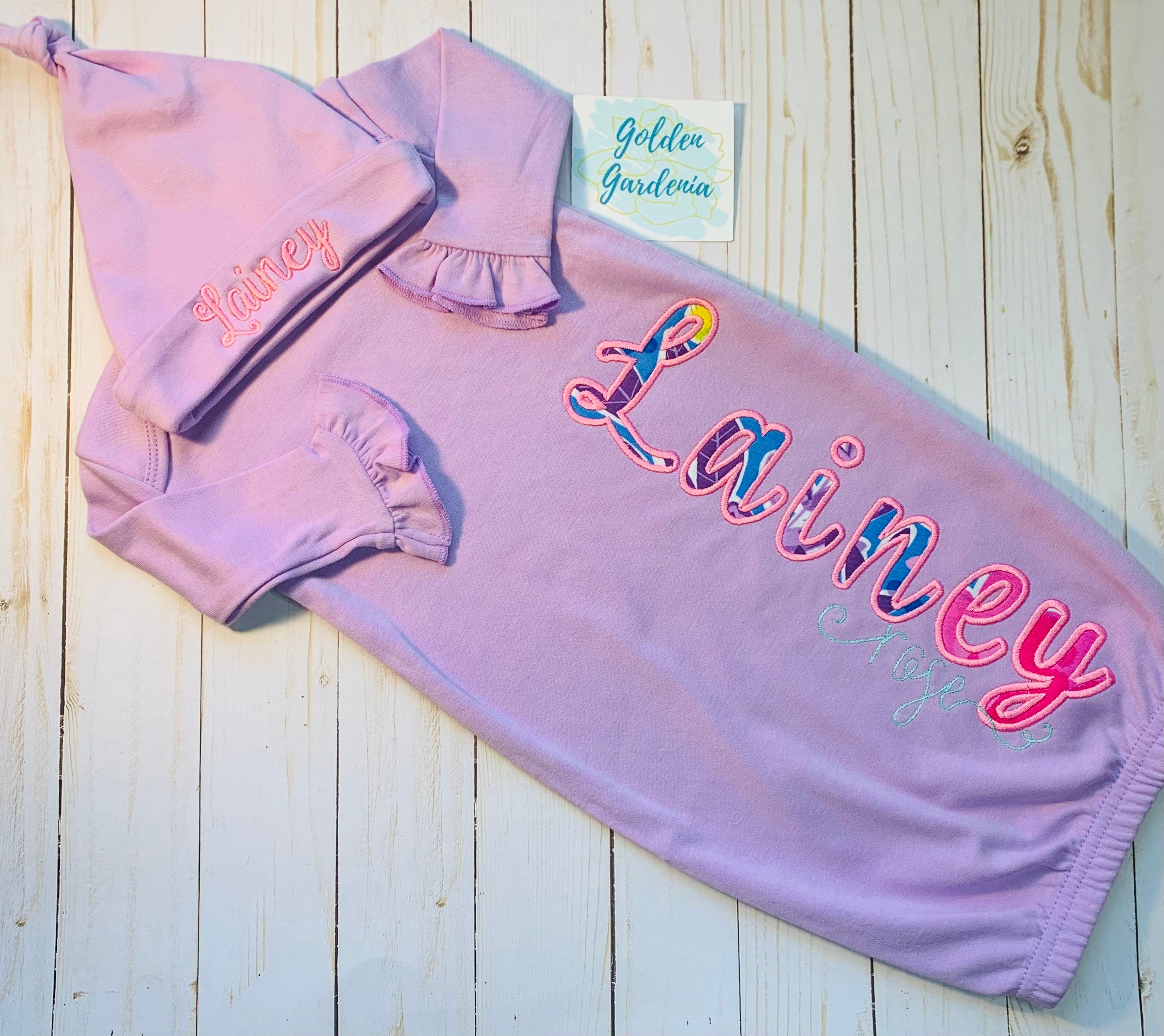 Personalized Lavender Baby Gown and Hat Floral Embroidered Name