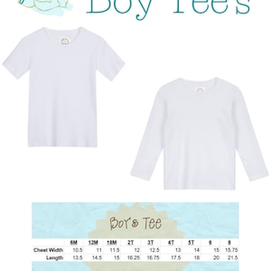 May include: White short-sleeve and long-sleeve t-shirts for boys in various sizes. A size chart shows chest width and length measurements in inches. The text "Boy Tee's" is at the top of the image. The text "Boy's Tee" is in a circle at the bottom of the image. The text "*measurements are taken in inches with garment lying out flat *garment is 100% cotton and minimal shrinkage should be expected" is at the bottom of the image.