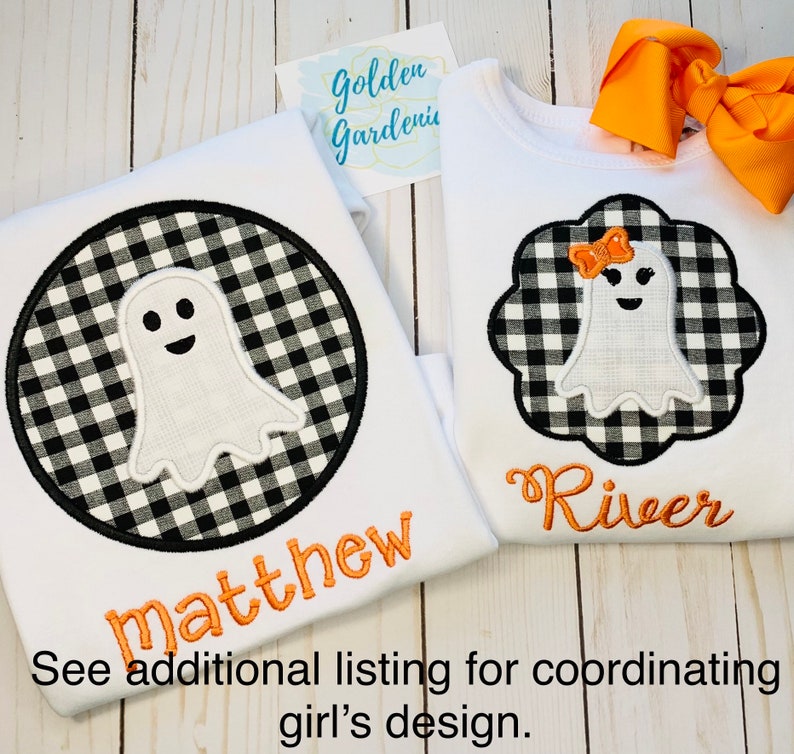 May include: Two white t-shirts with black and white checkered ghost designs. The shirt on the left says "matthew" and the shirt on the right says "River".