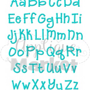May include: A set of uppercase and lowercase letters in a turquoise blue color. The letters are stylized and have a rounded, playful look. The letters are arranged in alphabetical order.