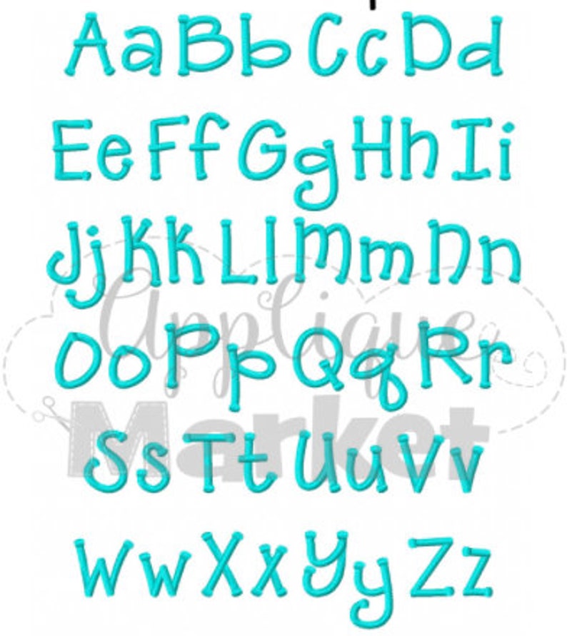 May include: A set of uppercase and lowercase letters in a turquoise blue color. The letters are stylized and have a rounded, playful look. The letters are arranged in alphabetical order.