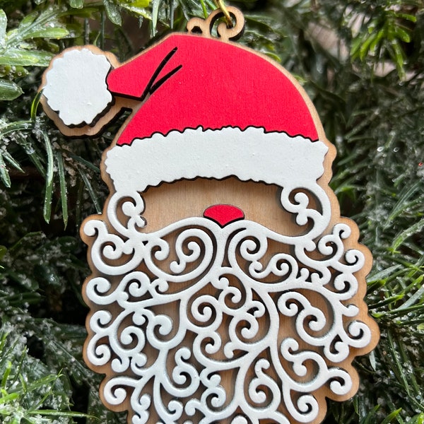 Santa Wooden Ornament, Swirly Beard Santa Ornament